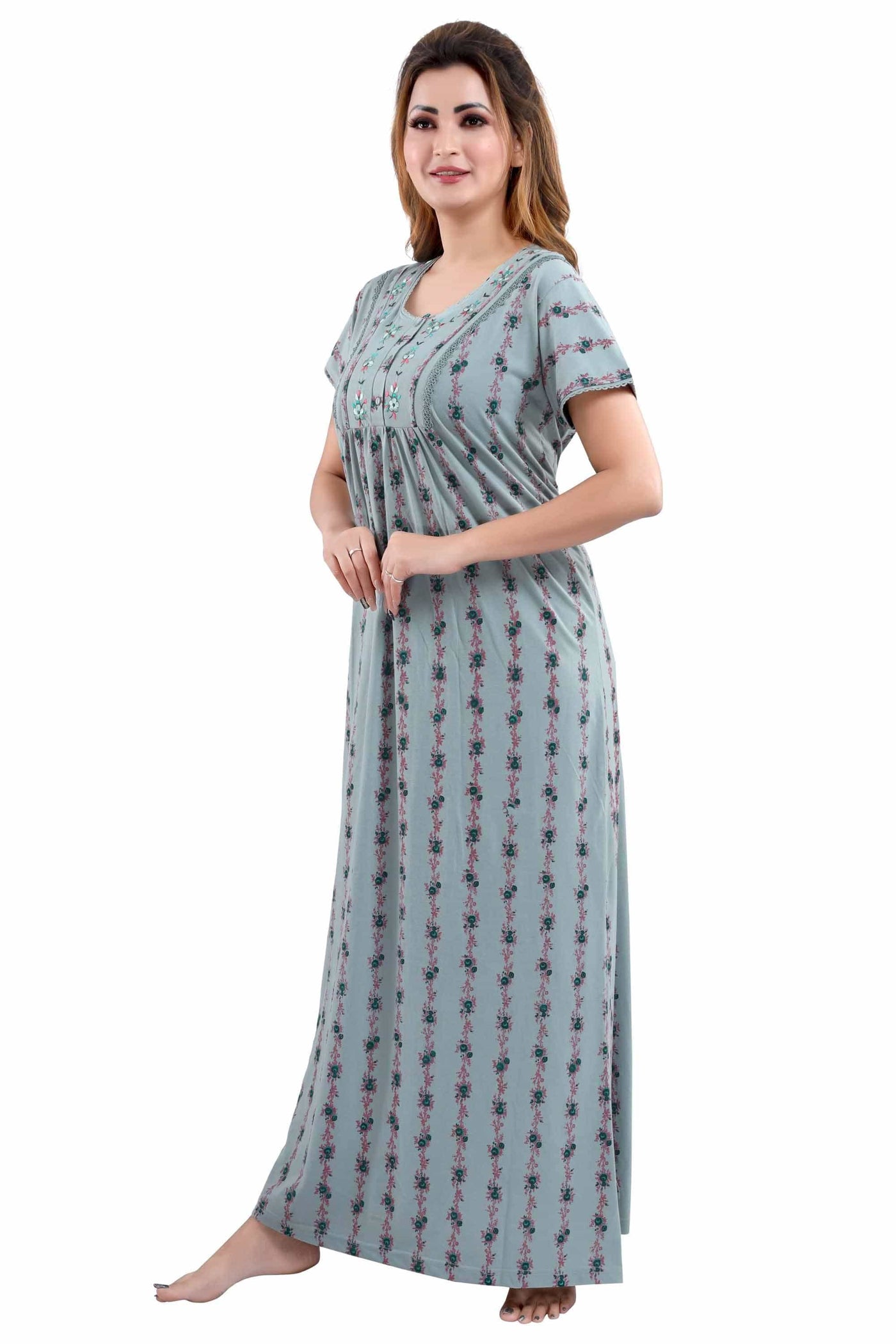 Cotton Blend Designer Nighty | Grey Green