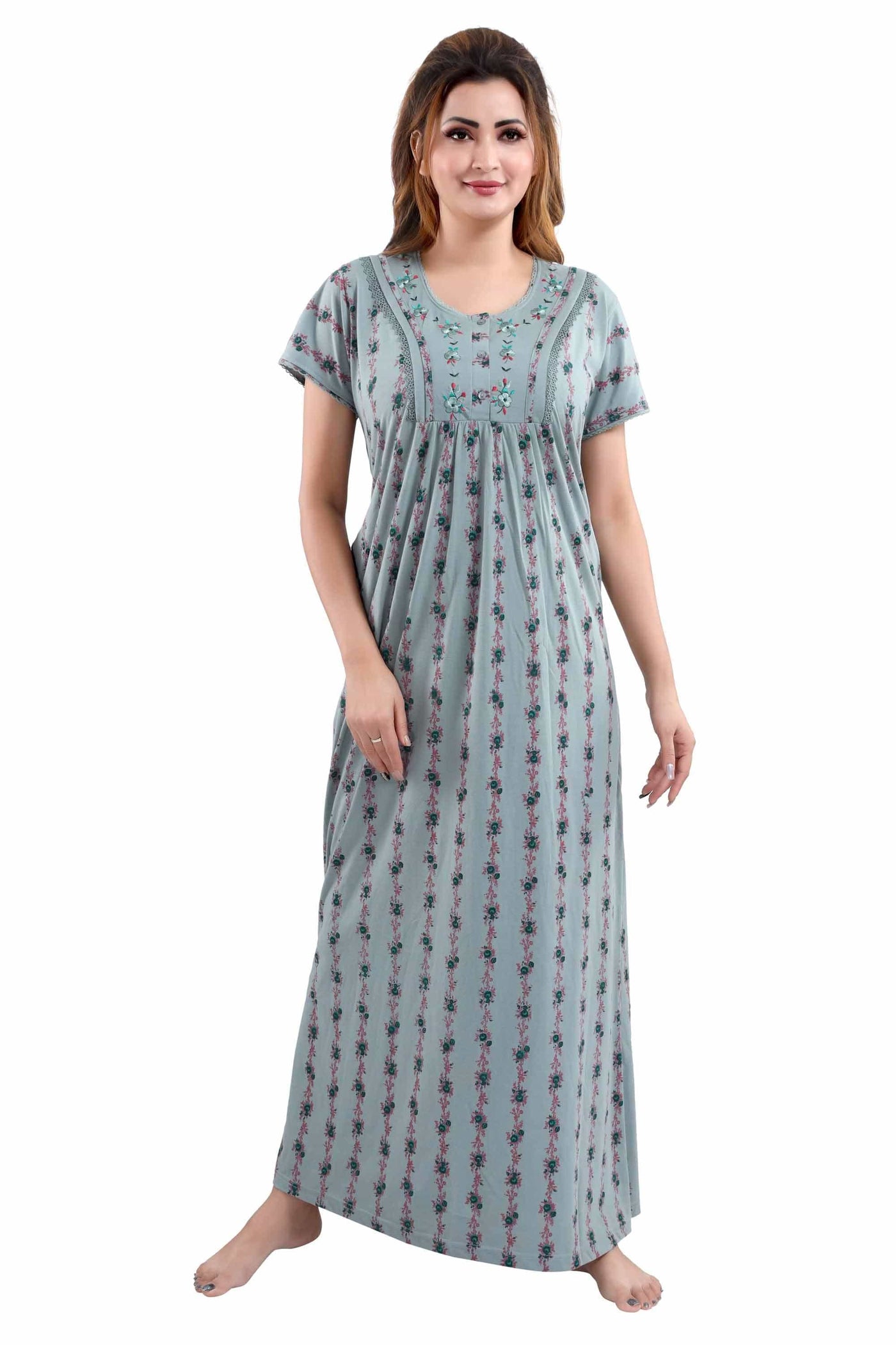 Cotton Blend Designer Nighty | Grey Green