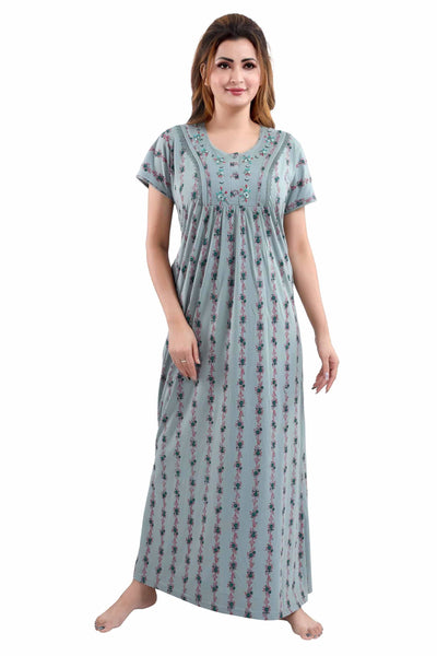 Cotton Blend Designer Nighty | Grey Green