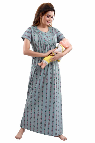 Cotton Blend Designer Nighty | Grey Green