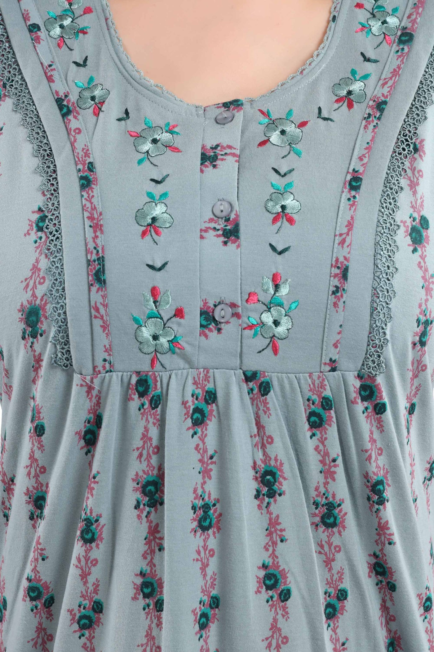 Cotton Blend Designer Nighty | Grey Green