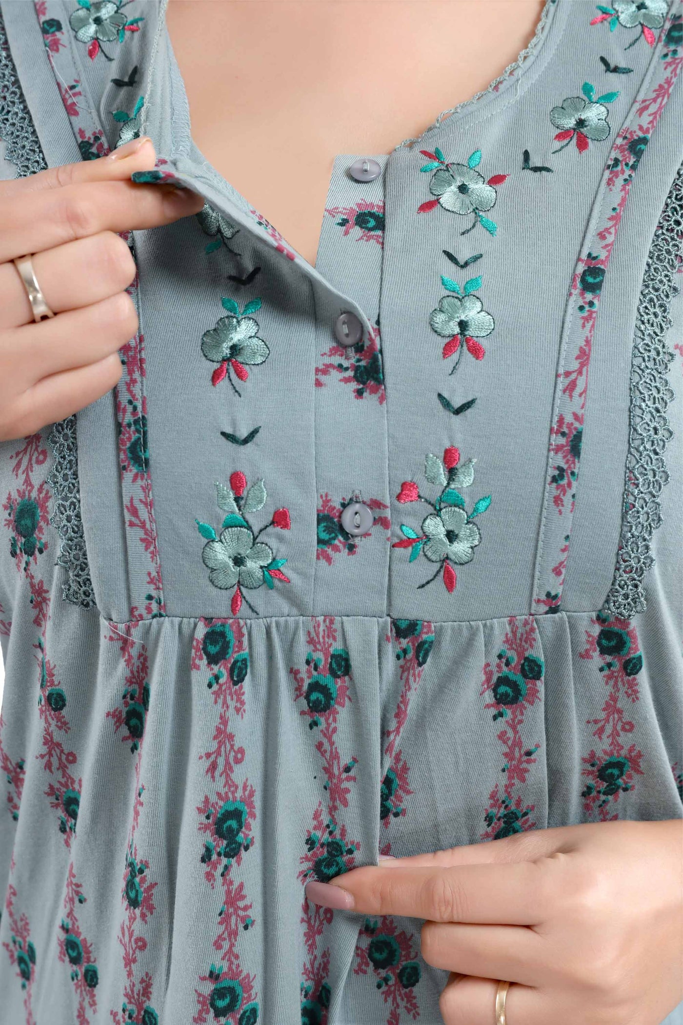 Cotton Blend Designer Nighty | Grey Green
