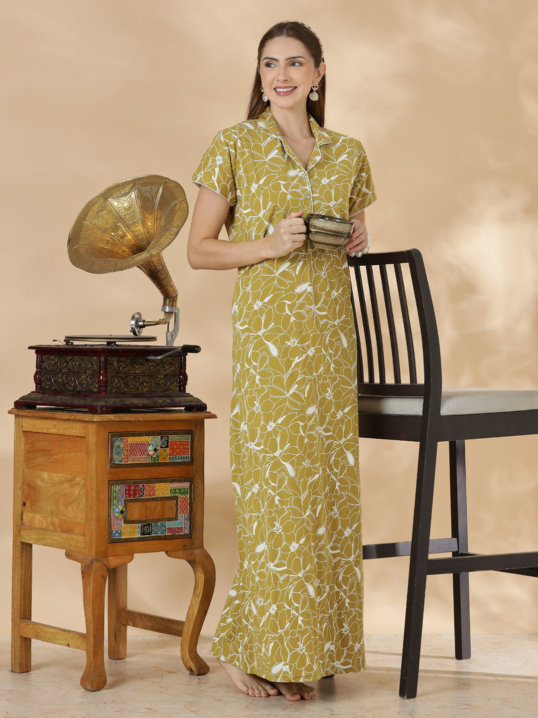 Olive green hosiery cotton womens nighty dress