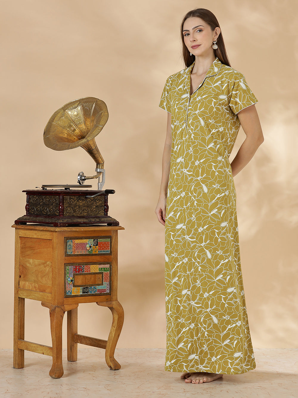 Olive green hosiery cotton womens nighty dress