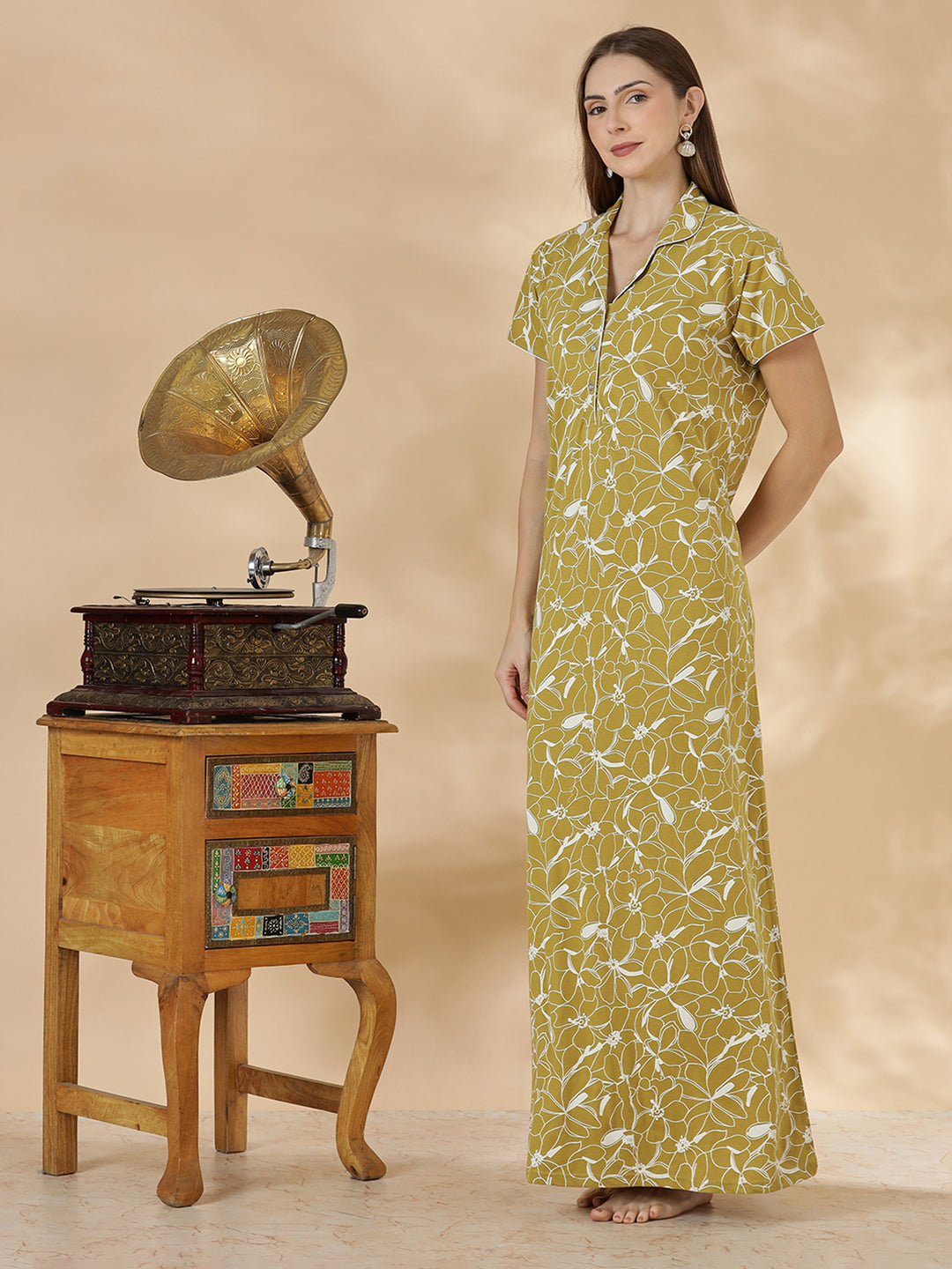 Olive green hosiery cotton womens nighty dress