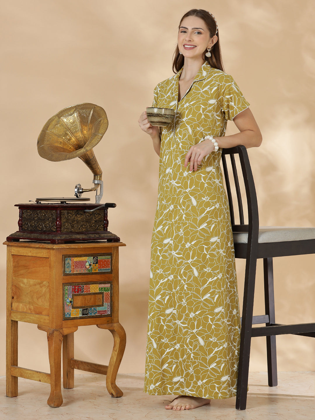 Olive green hosiery cotton womens nighty dress