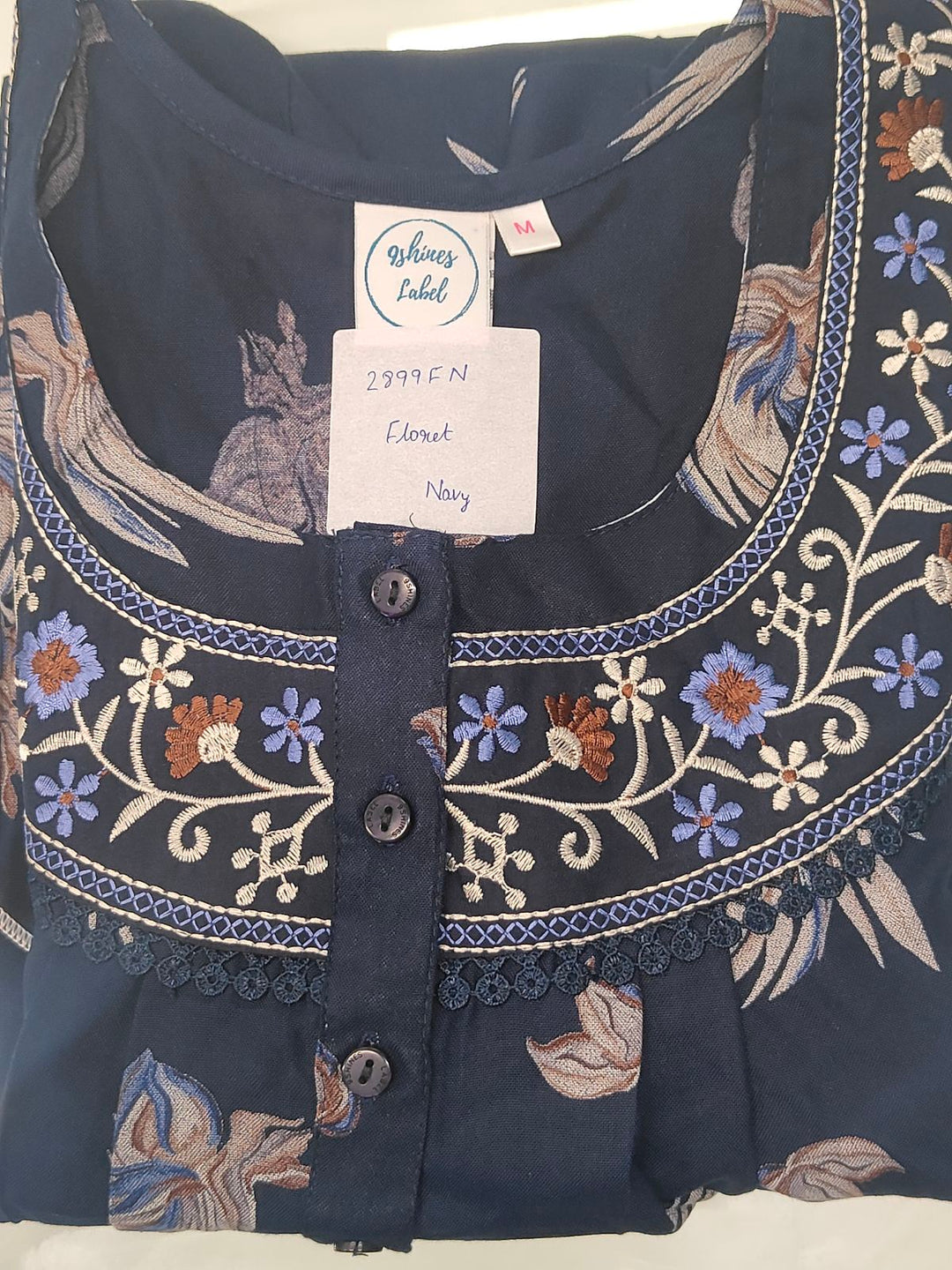 Floret Navy Floral Pleated Designer Nighty for Women