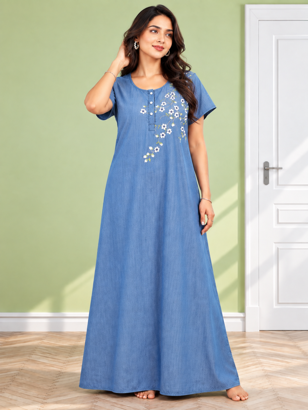Sky Blue Cotton Nighty with Elegant Floral Embroidery | A-Line Design