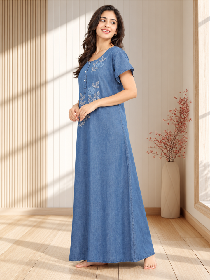 Sky Blue Cotton Embroidered Maxi Nighty | Comfort &amp; Style Combined