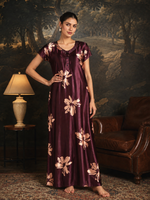 Functional Front Buttons Floral Satin Nighty with Graceful A Line Drape