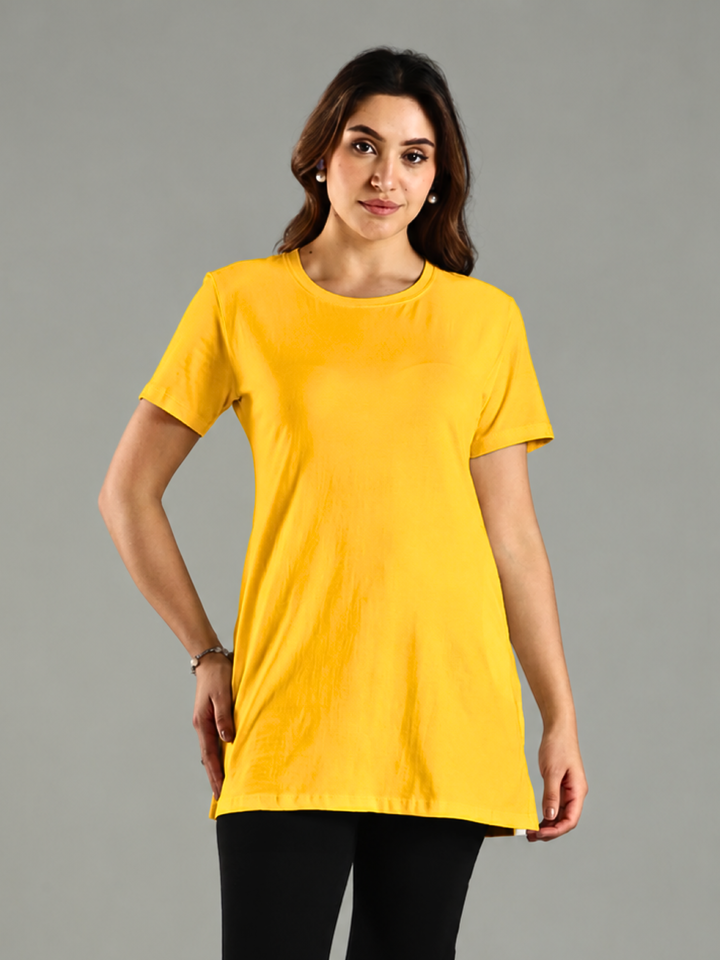 Fire Yellow Long T Shirt Nighty in Hosiery Cotton Comfort Fit