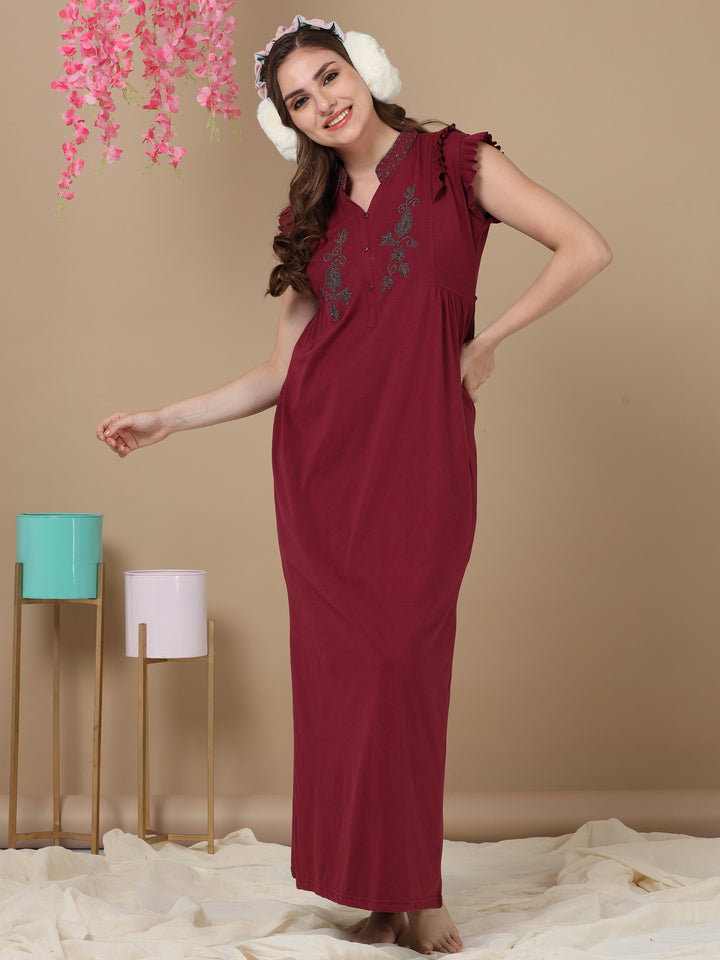  Cotton Blend Nighty  Relaxed Nightdress with Exquisite Embroidery Mandarin Collar- 9shines label 