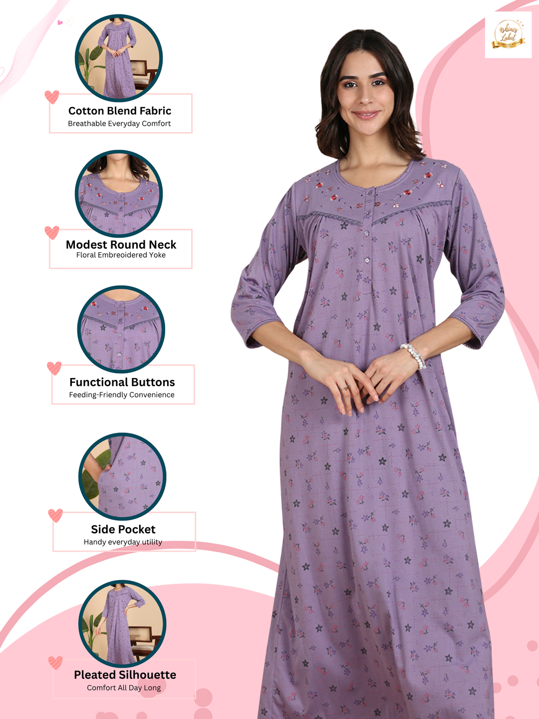Lavender Floral Cotton Blend Nighty for Women with Pleated Yoke