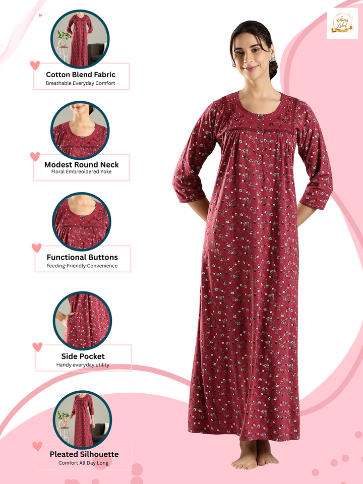 Berry Cran Floral Nighty for Women with Embroidered Yoke and Pocket