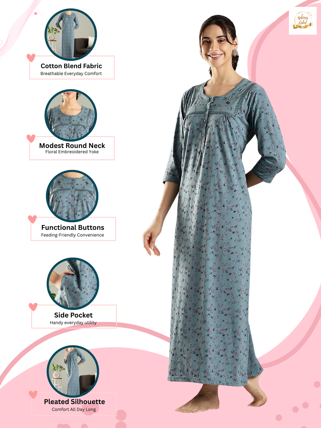 Smoky Teal Floral Nightdress for Women with Embroidered Yoke