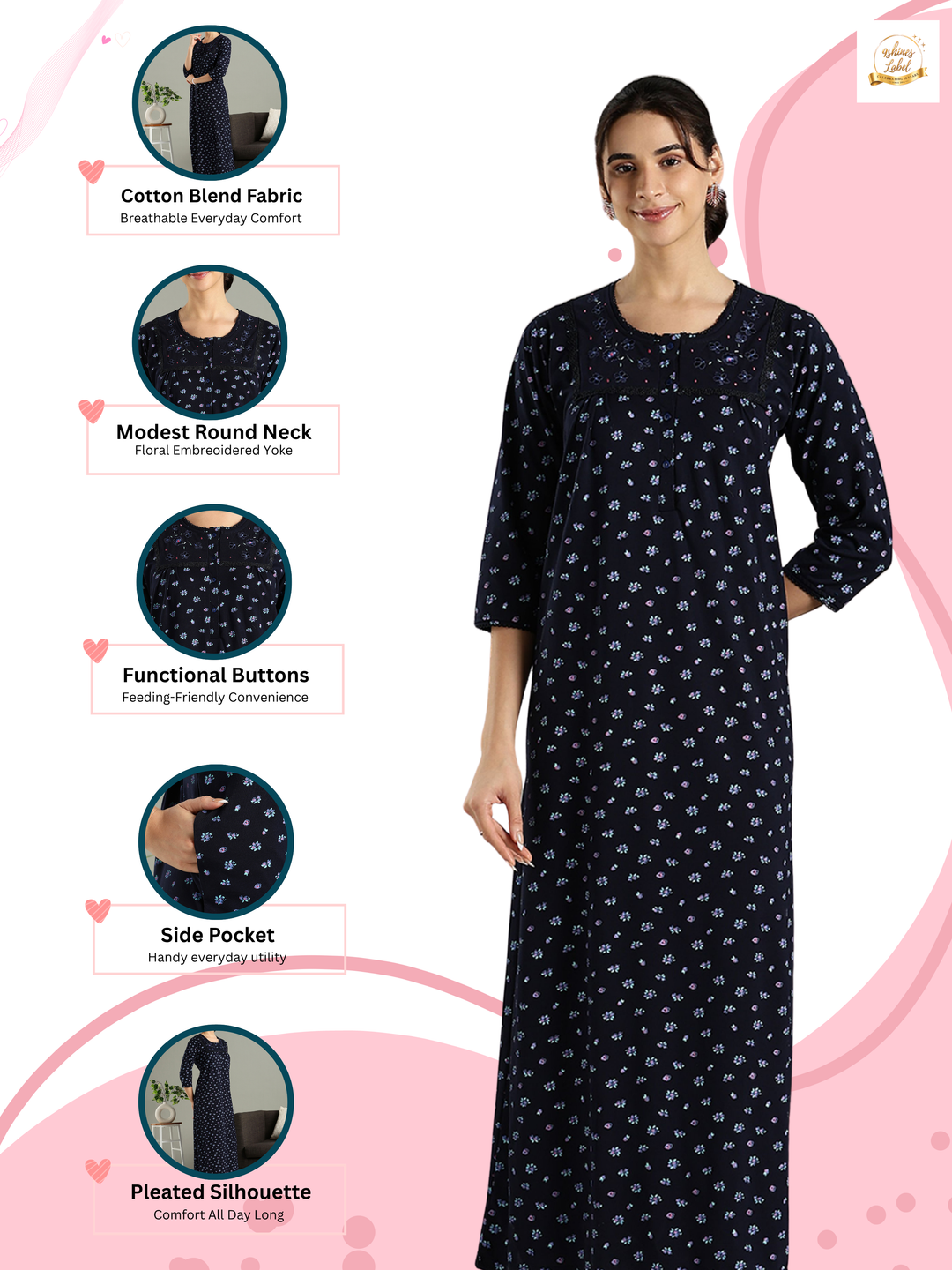 Violet Indigo Floral Nighty for Women with Embroidered Yoke