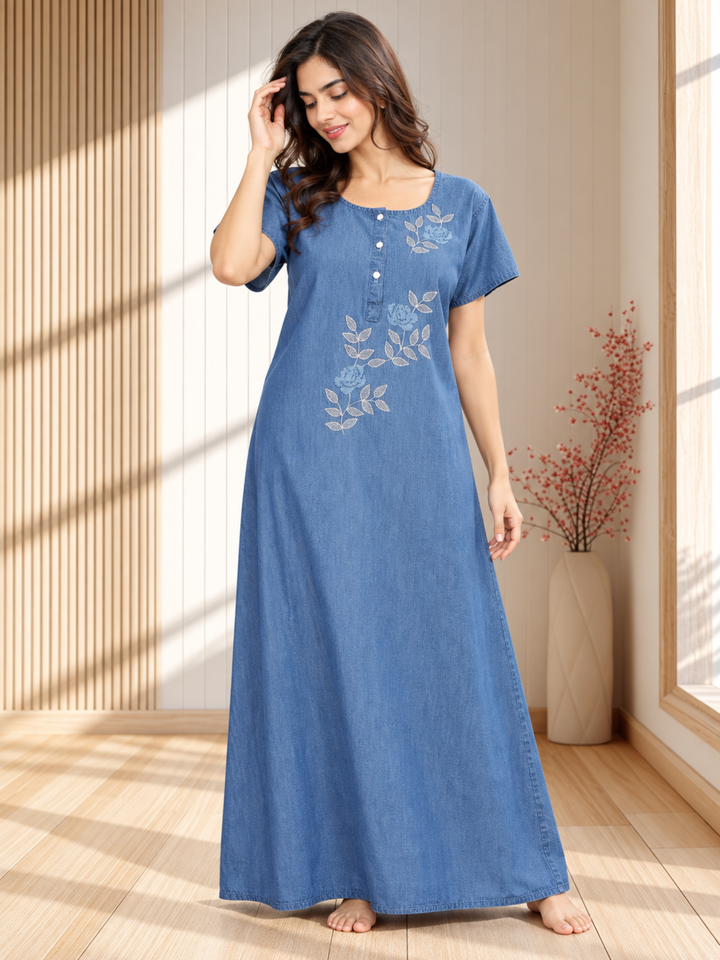 Sky Blue Cotton Embroidered Maxi Nighty | Comfort &amp; Style Combined