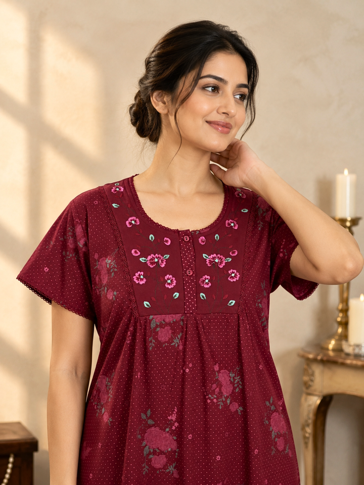 Wine Maroon Floral Embroidered Nighty for Women