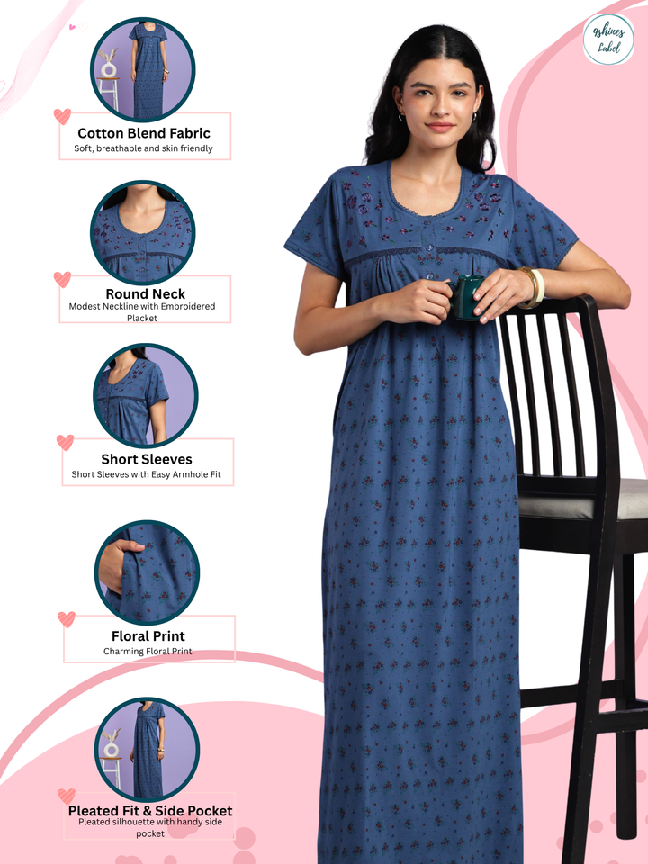 Denim Sprig Cotton Blend Nightdress for Women with Front Buttons
