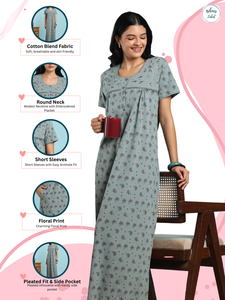 Sage Sprig Print Cotton Blend Designer Nighty for Women