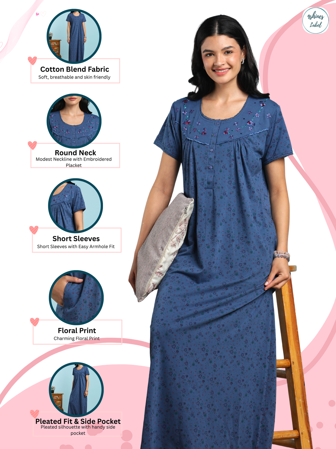 Denim Vine Cotton Blend Nightdress for Women with Floral Embroidery