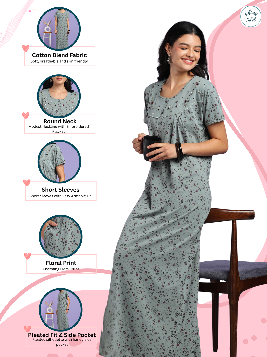 Sage Vine Print Cotton Blend Nighty for Women with Pocket