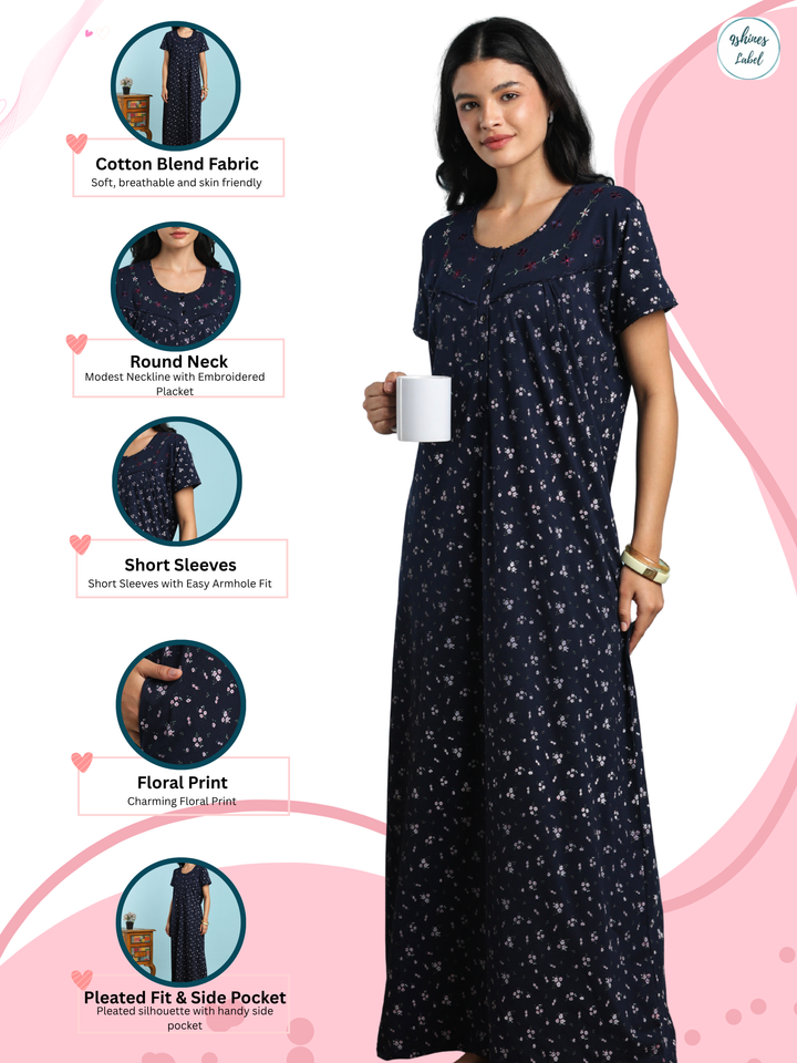 Blue Floral Cotton Blend Nightdress for Women with Pleated Fit