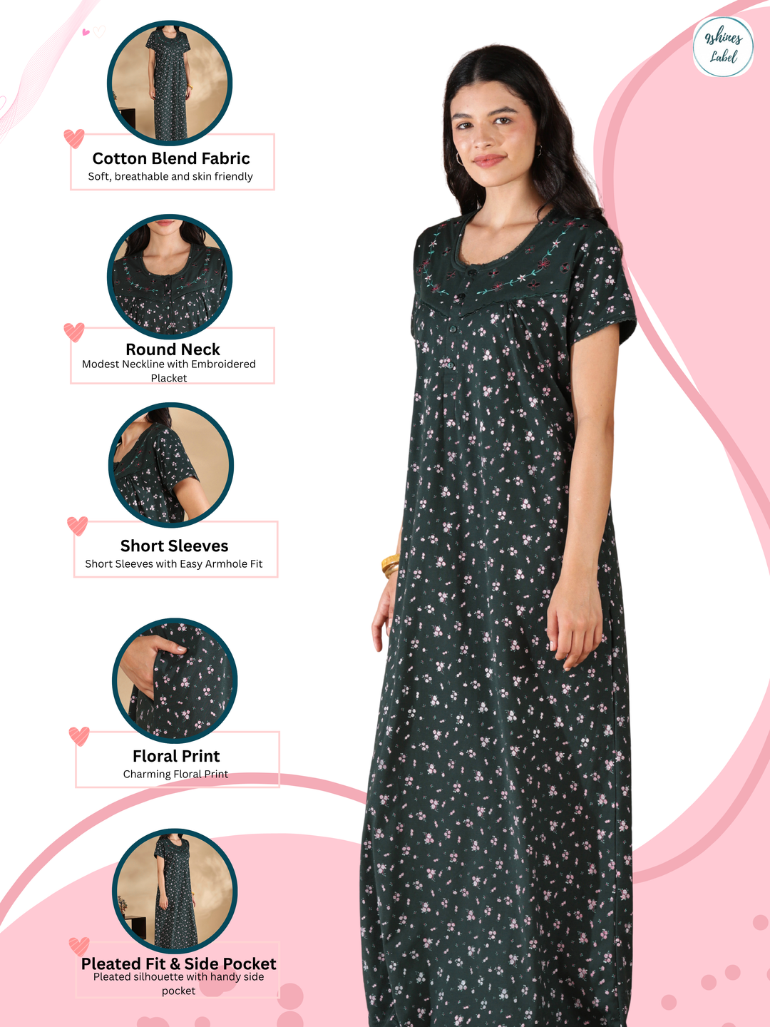 Emerald Floral Cotton Blend Nighty for Women with Pocket