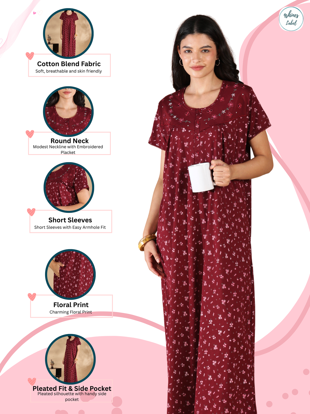Maroon Floral Cotton Blend Pleated Nighty for Women