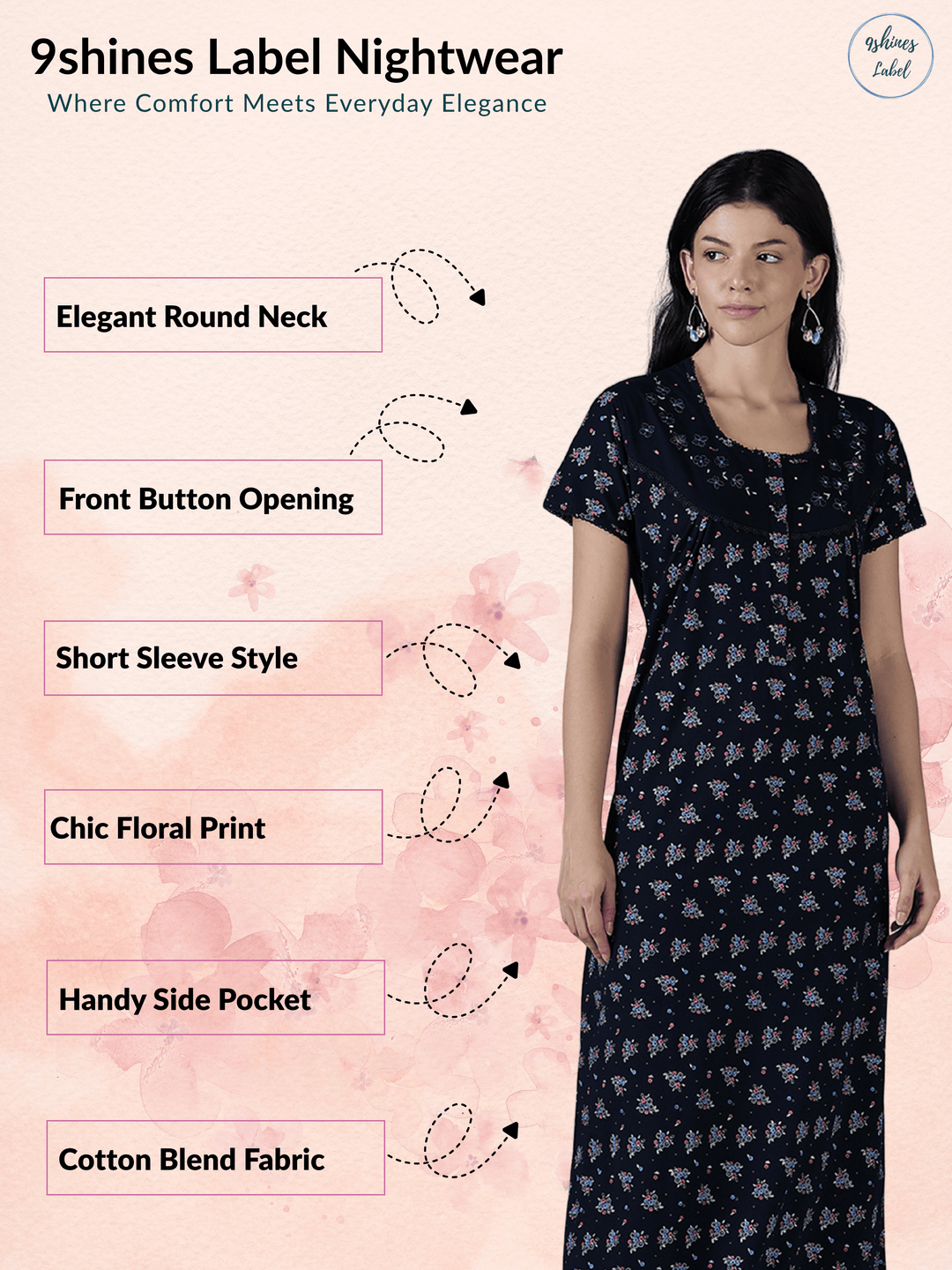 Navy Floral Cotton Blend Nighty for Women Comfortable Fit