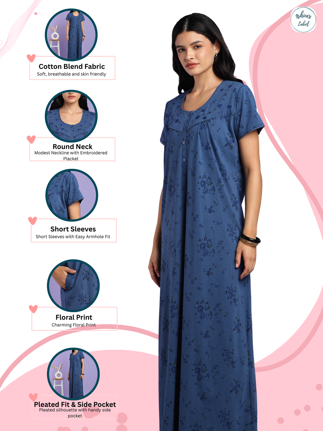 Indigo Floral Cotton Blend Nightdress for Women with Front Buttons