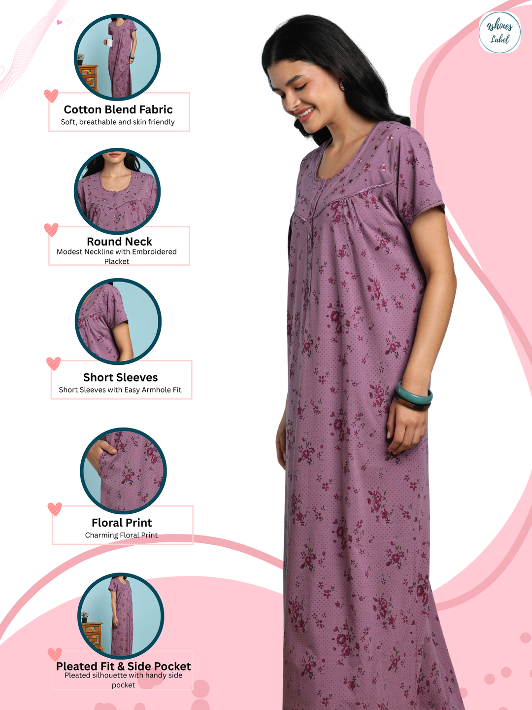 Lavender Cotton Blend Floral Nighty for Women with Pleated Fit