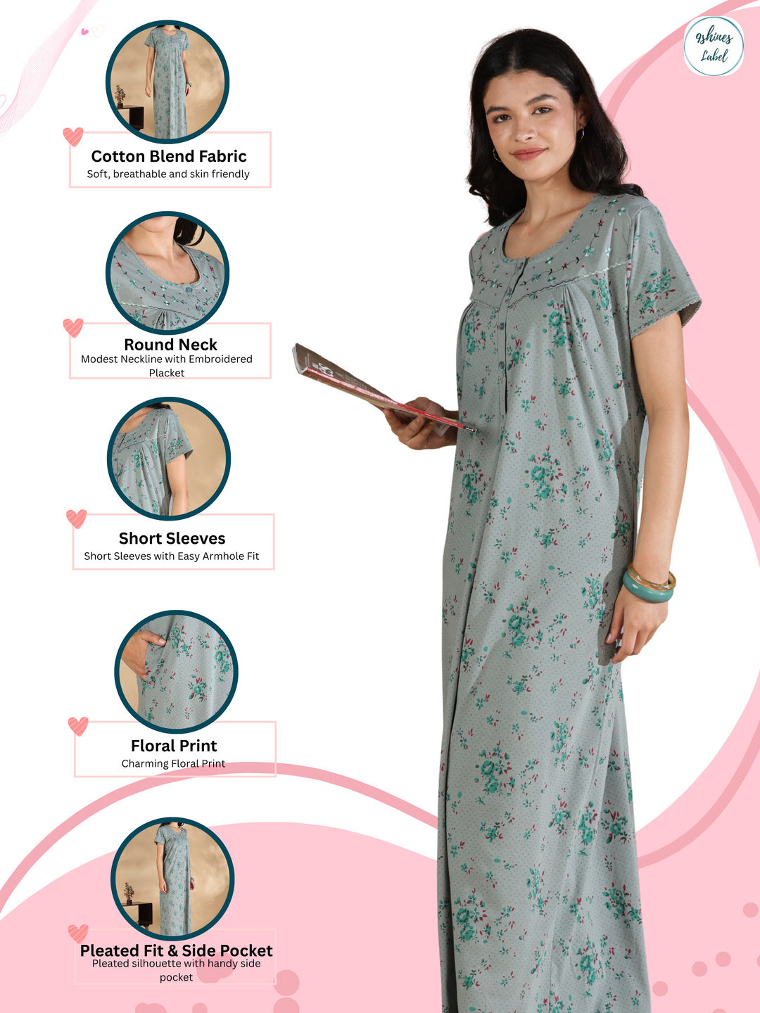 Sage Floral Cotton Blend Nightdress for Women with Embroidered Neck