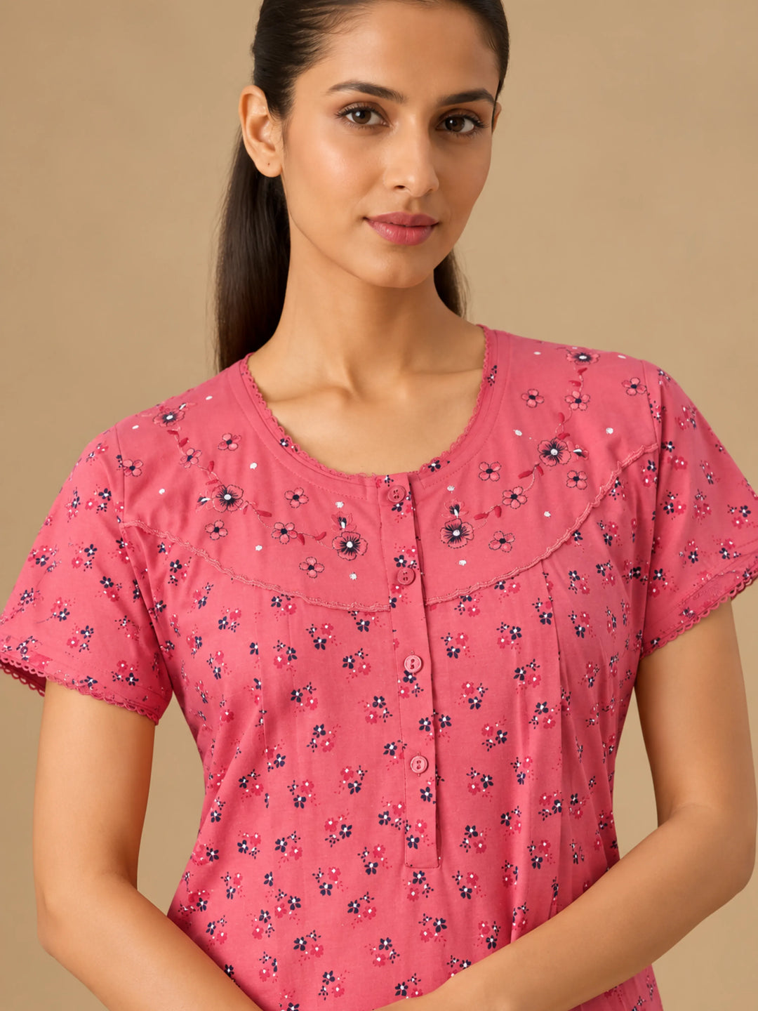 Peach Cotton Blend Maternity Feeding Nighty for Women