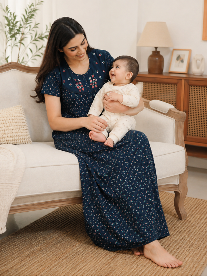 Feeding-Friendly Cotton Blend Forest Green Maternity Nighty