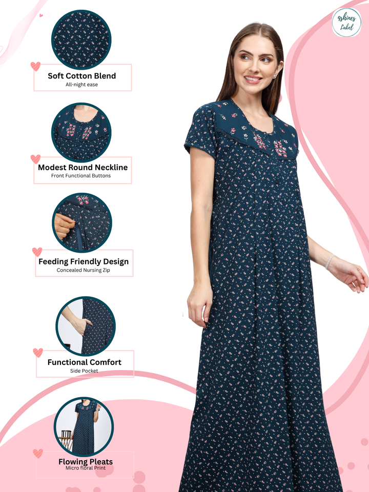 Feeding-Friendly Cotton Blend Forest Green Maternity Nighty