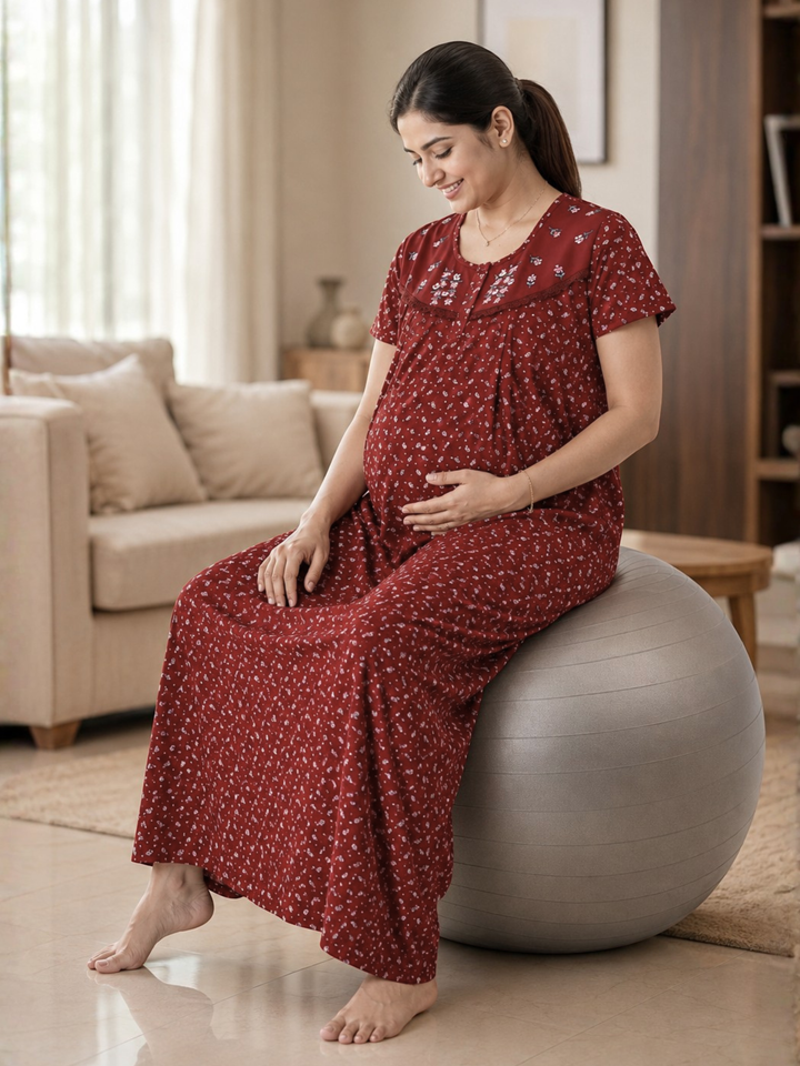 Royal Maroon Feeding Nighty with Embroidery Detail