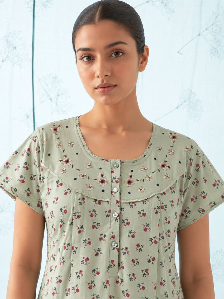 Sage Green Floral Cotton Blend Pleated Feeding Nighty for Women