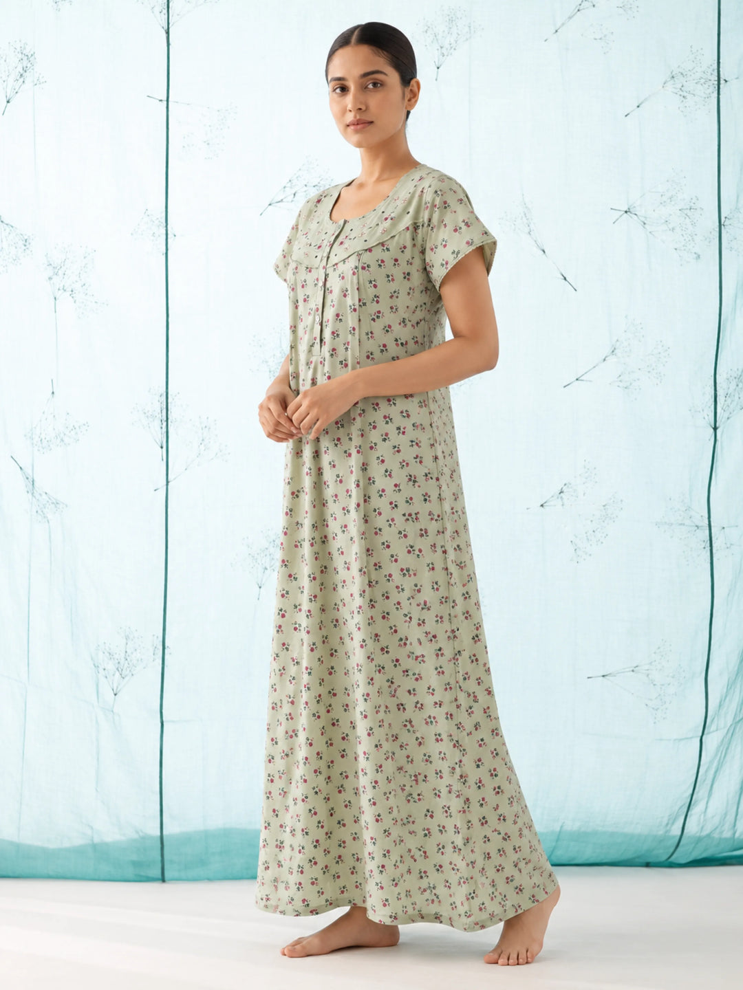 Sage Green Floral Cotton Blend Pleated Feeding Nighty for Women
