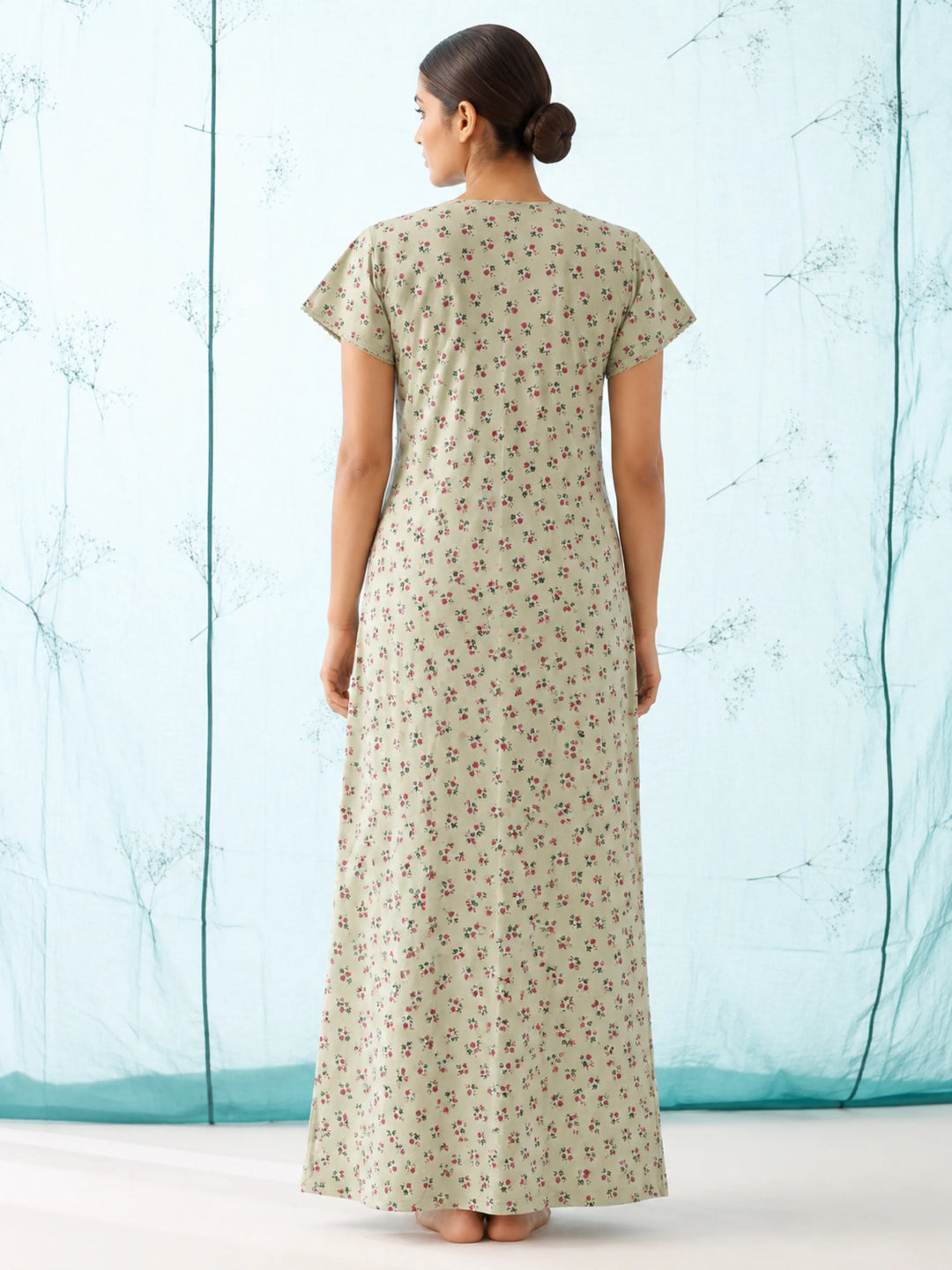 Sage Green Floral Cotton Blend Pleated Feeding Nighty for Women