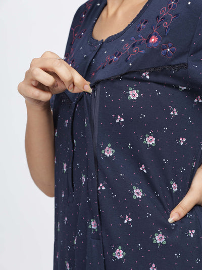 Cotton Blend Maternity Feeding Nighty Turqish Blue
