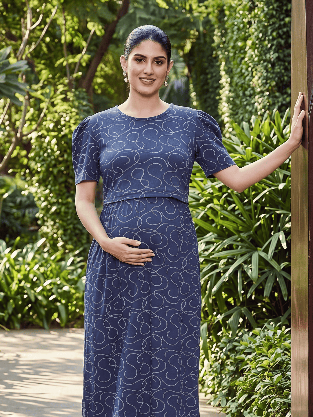 Grey Floral Print Hosiery Cotton Maternity Nighty with Feeding Flap