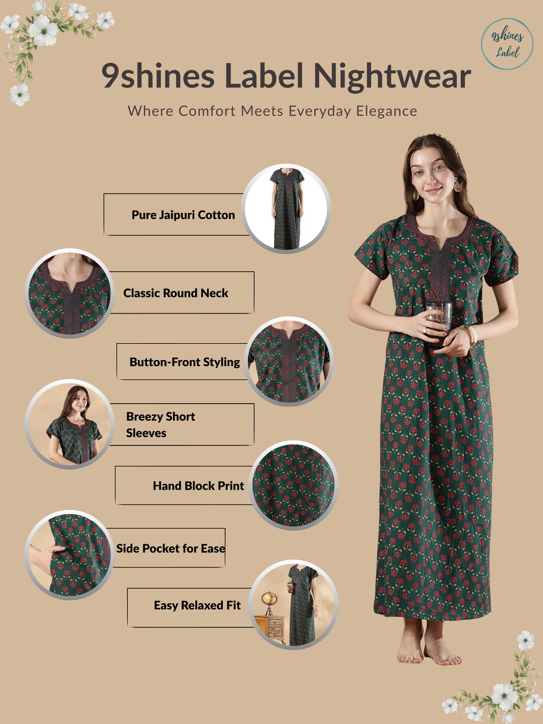 Pure Cotton Floral A Line Nighty for Women Relaxed Comfort