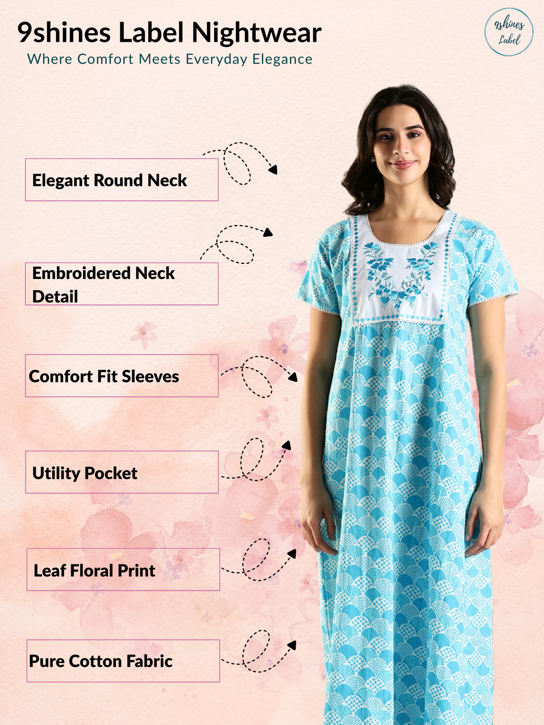 Blue Cotton Embroidered Nighty with Pocket and Lace Finish