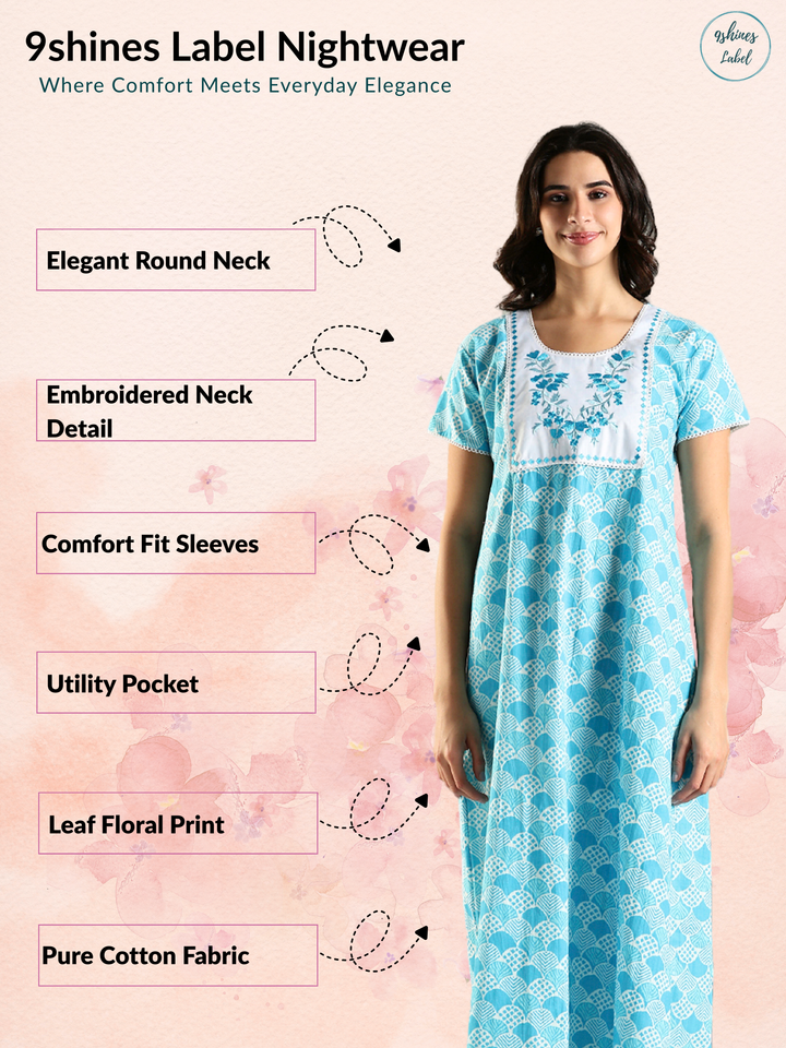 Blue Cotton Embroidered Nighty with Pocket and Lace Finish