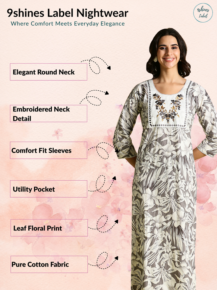 Grey Pure Embroidered Cotton Nighty with 3/4 Sleeves