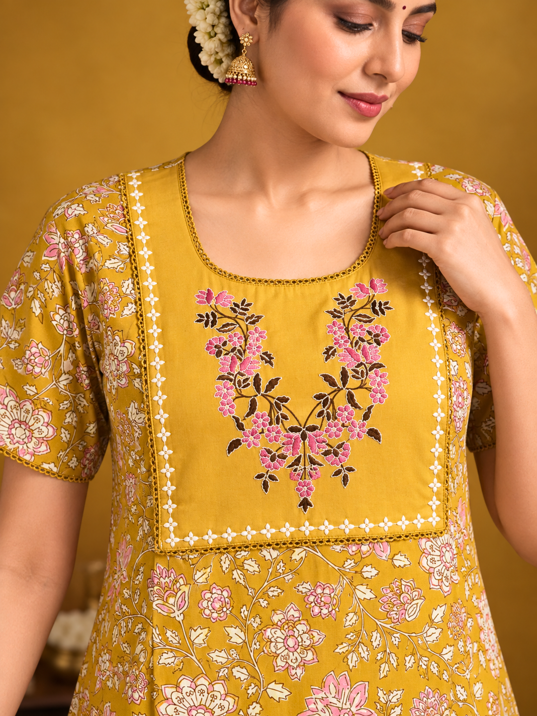 Mustard Floral Vine Cotton Nighty with Embroidered Yoke