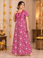 Pink Vine Print Cotton Nighty with Lace Detailed Sleeves