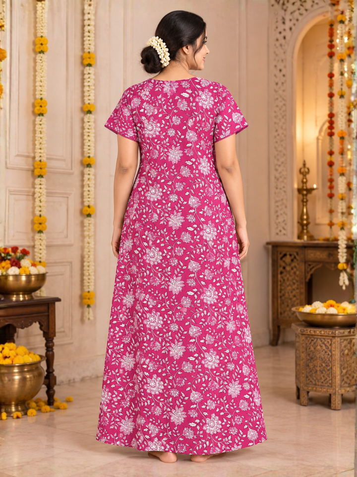 Pink Vine Print Cotton Nighty with Lace Detailed Sleeves
