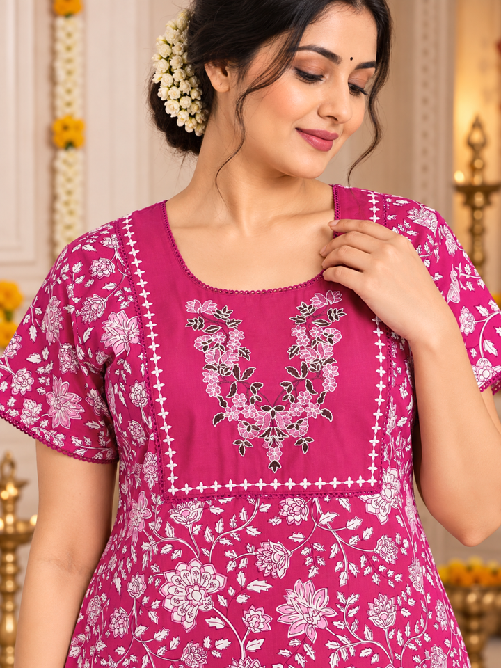 Pink Vine Print Cotton Nighty with Lace Detailed Sleeves